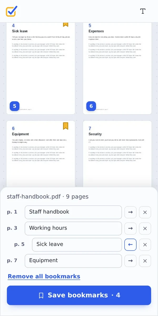 Add bookmarks to PDF on a phone