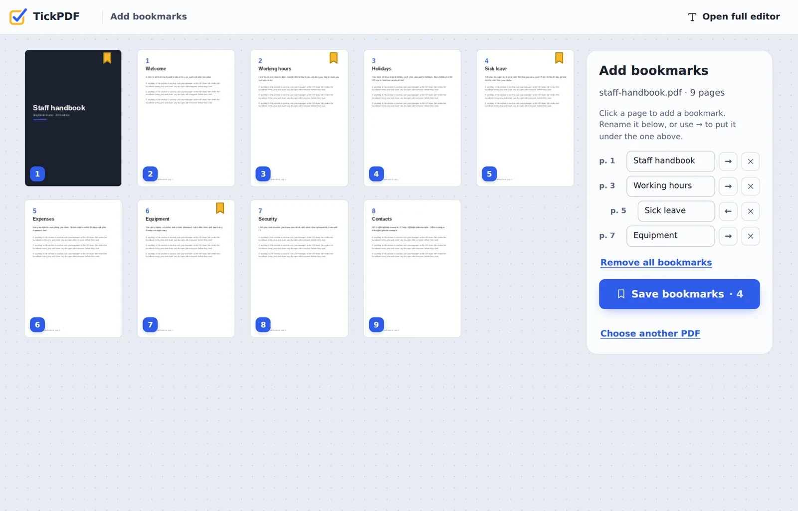 Add bookmarks to PDF online: a staff handbook with chapters marked
