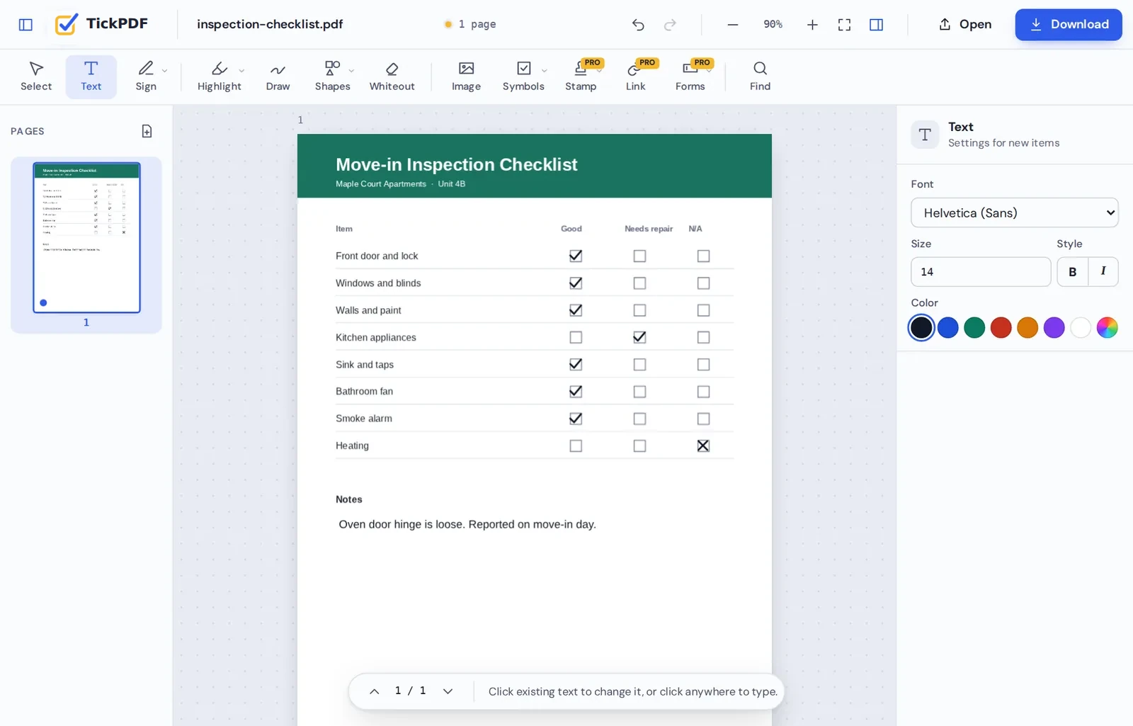 Add checkmark to PDF online: a ticked checklist in the TickPDF editor