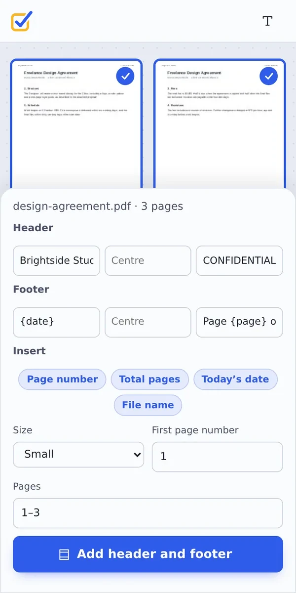 Add header and footer to PDF on a phone
