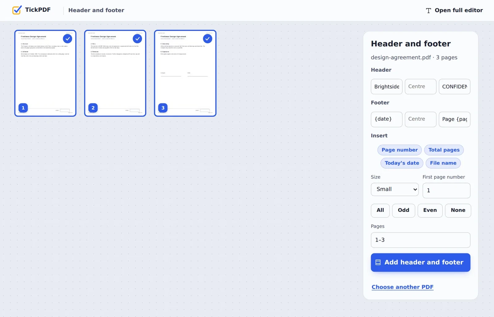 Add header and footer to PDF online: a design agreement marked CONFIDENTIAL