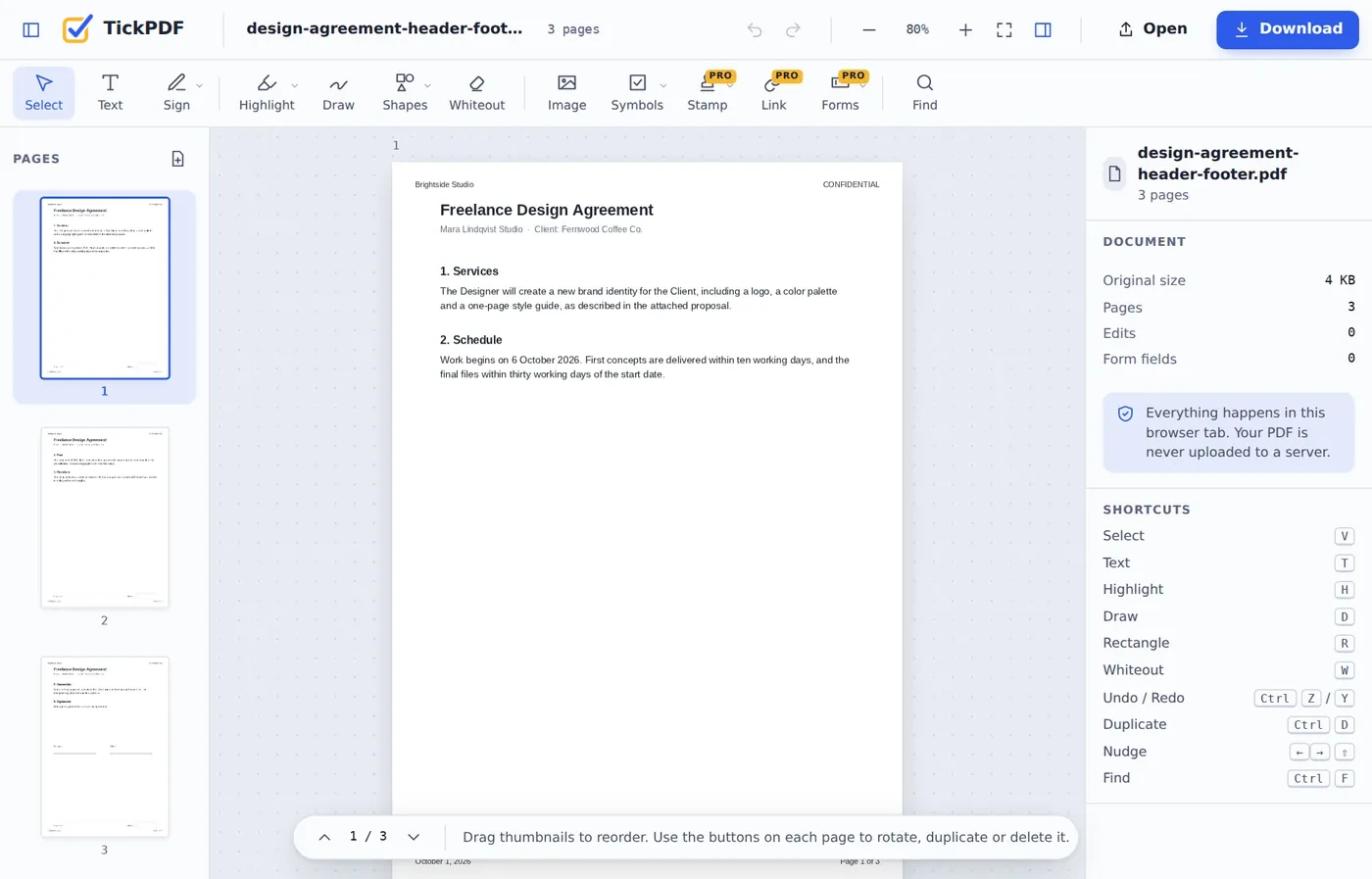 Header and page numbers on a contract after you add header and footer to PDF