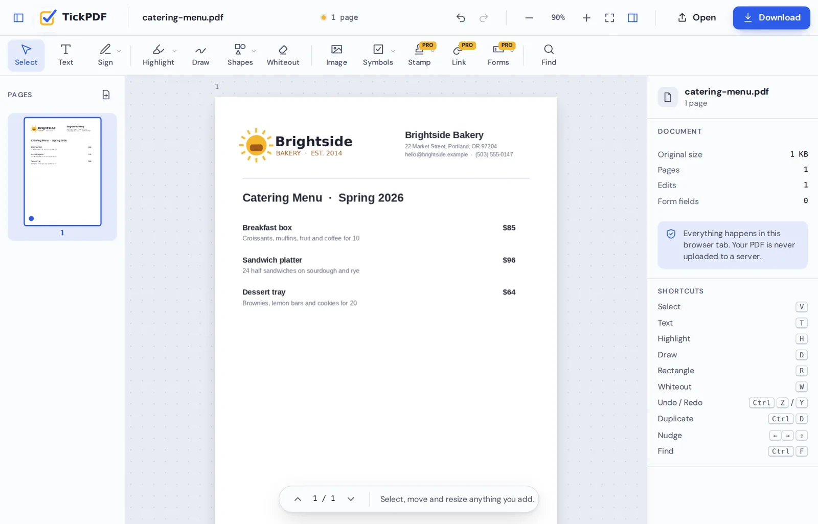 A catering menu with a logo added in a PDF editor with no watermark
