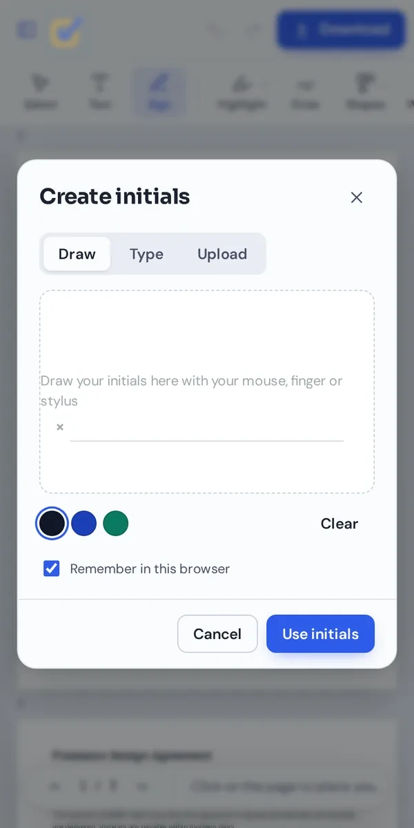 Adding initials with a finger in the PDF editor for Android