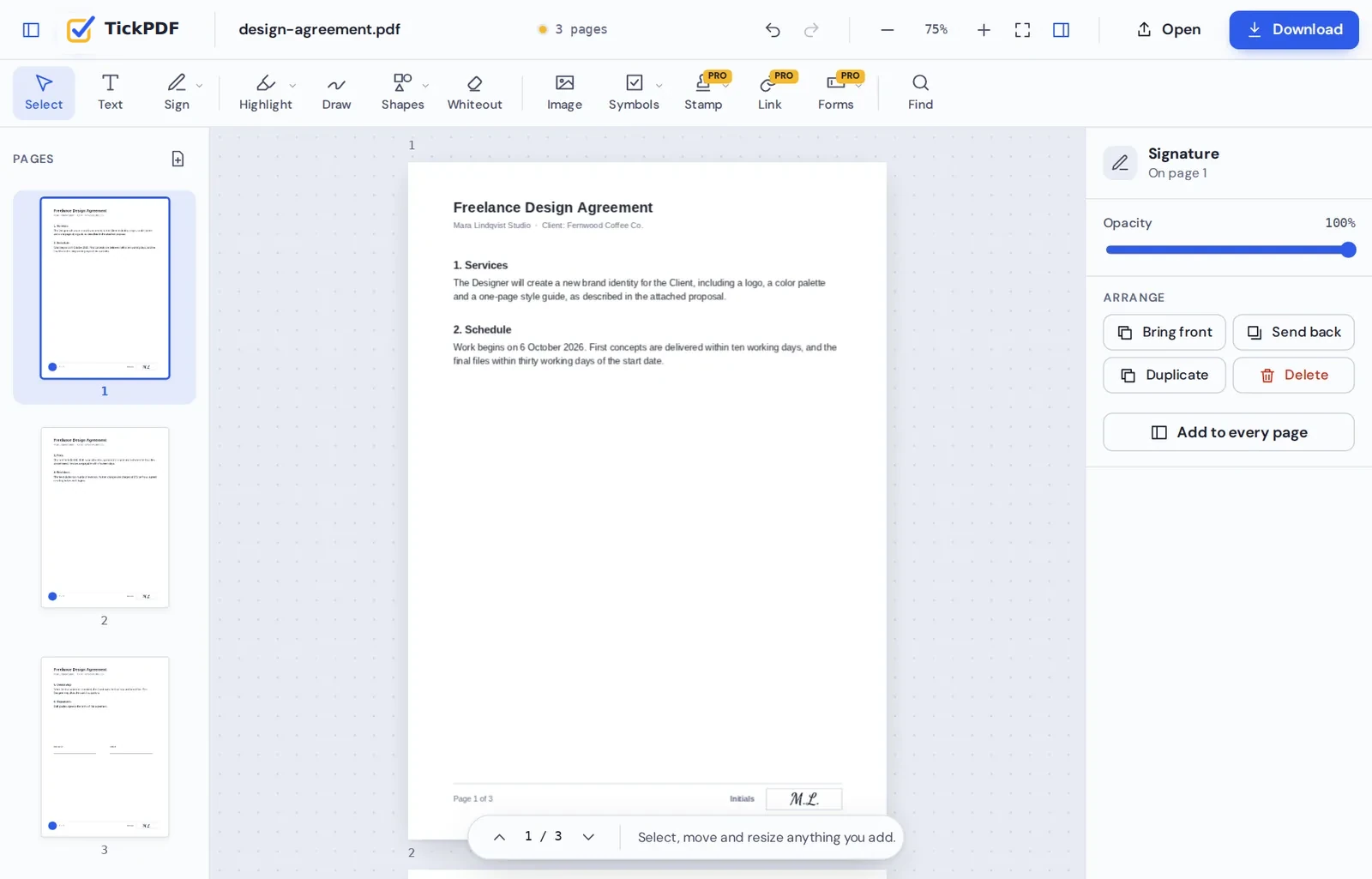 Add initials to PDF online: an agreement with initials on each page in the TickPDF editor