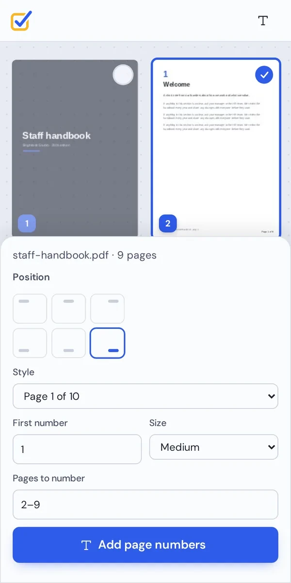 Add page numbers to PDF on a phone