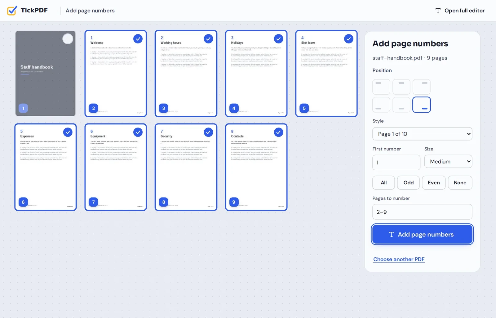 Add page numbers to PDF online: a staff handbook with the cover skipped