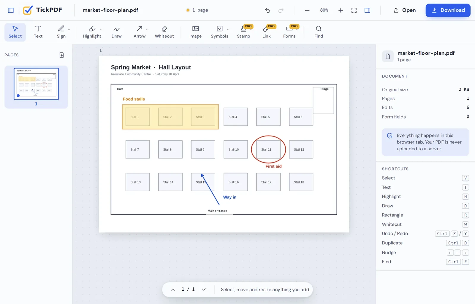 A floor plan marked up with boxes and arrows in the PDF editor for Windows