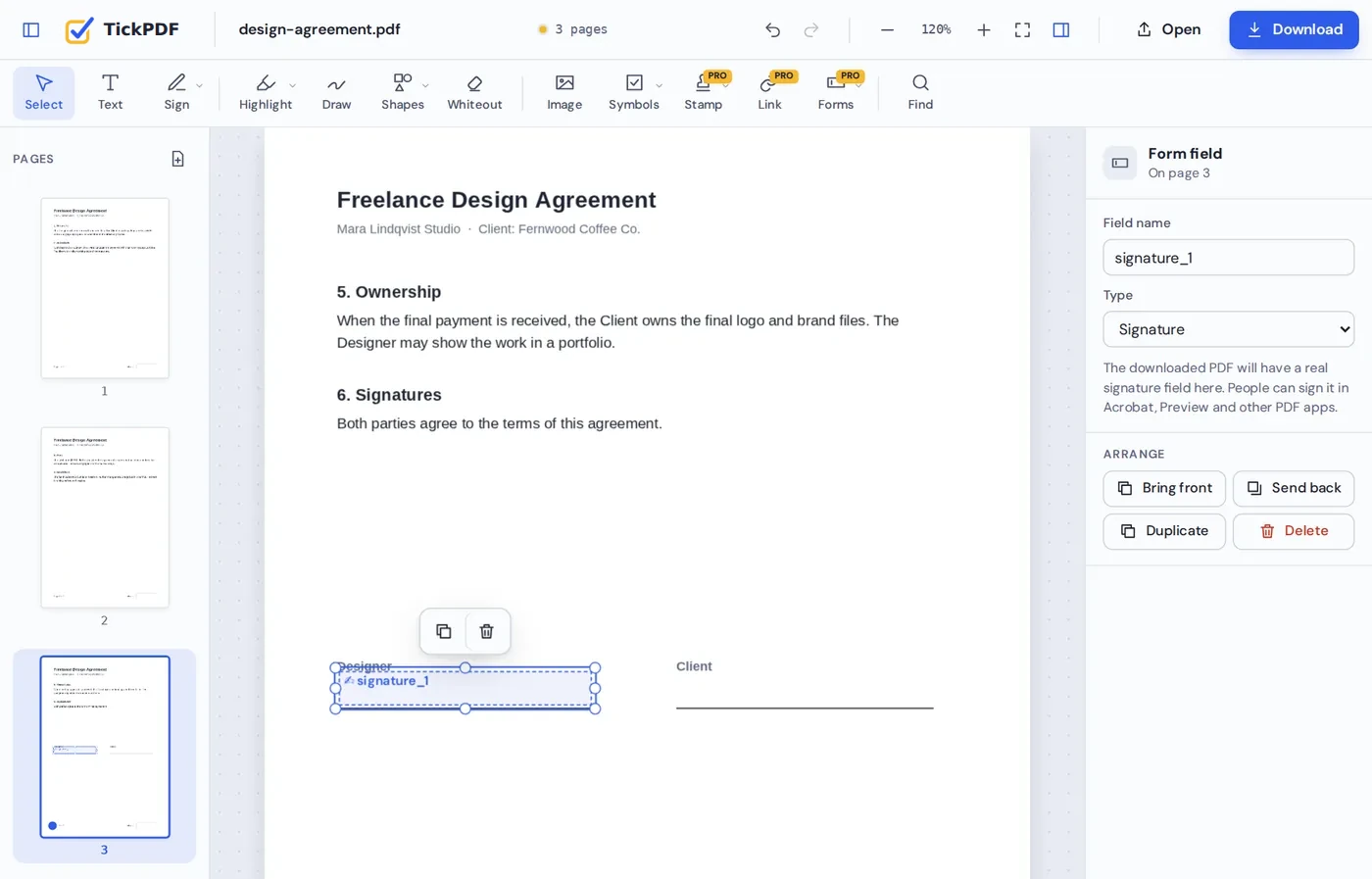 Dragging a box above the signature line to add signature field to PDF