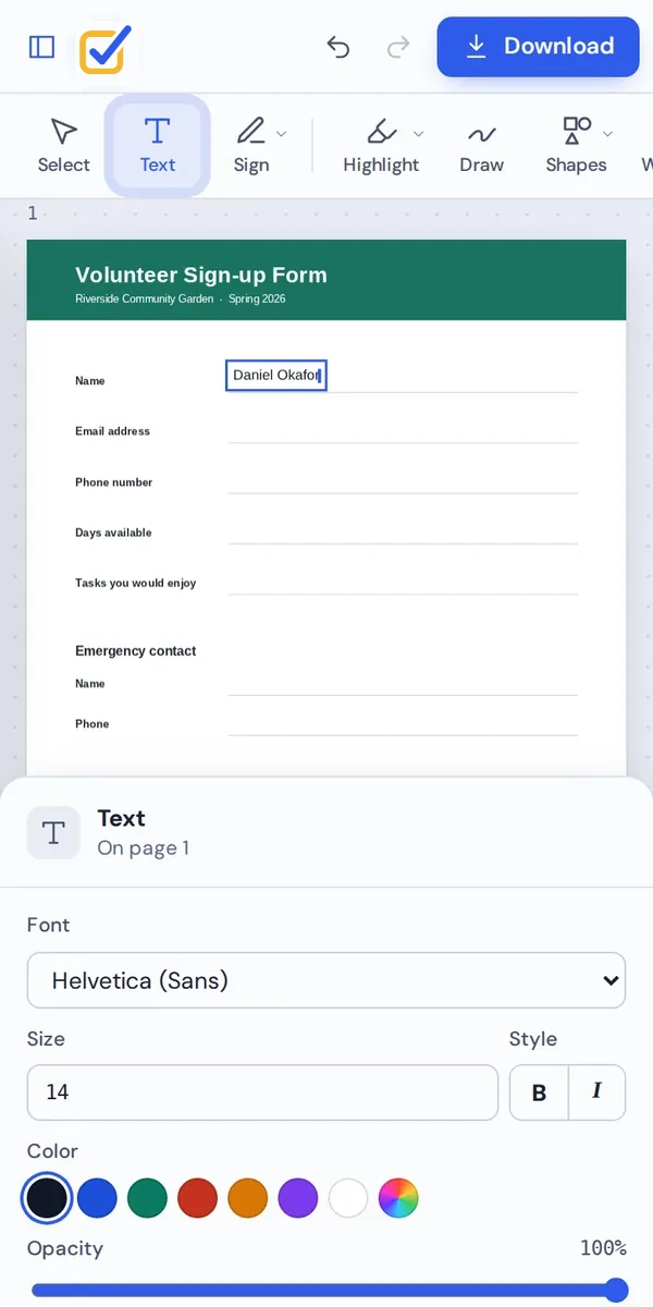 Typing on a form with the PDF editor for iPhone in Safari