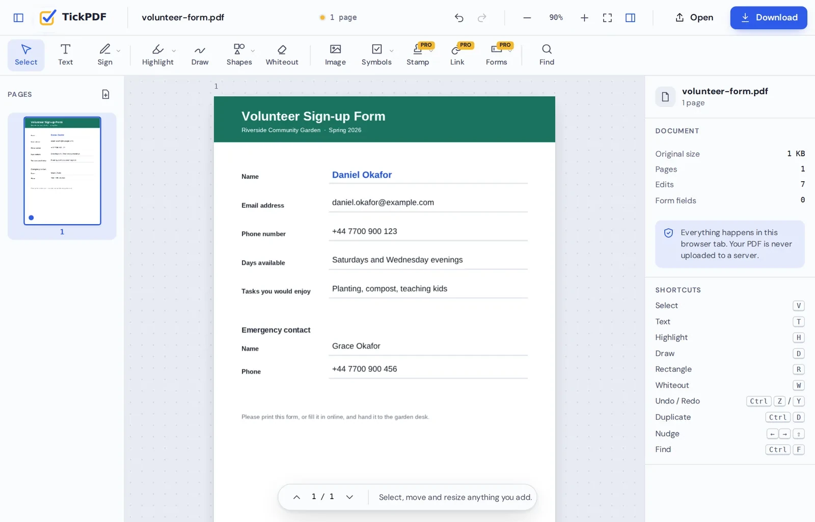 Typing on a volunteer form in the online PDF editor