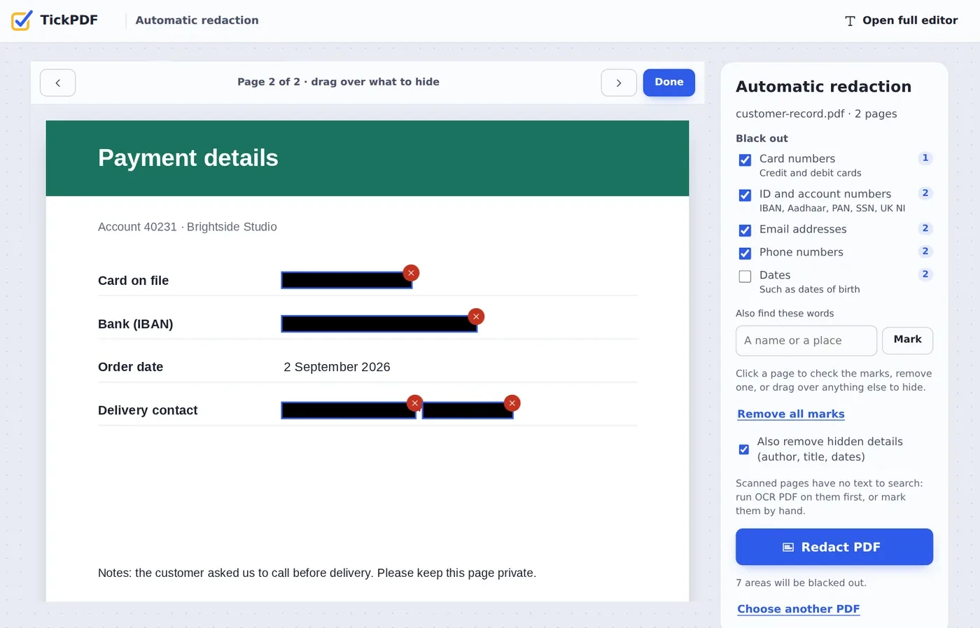 Card number, IBAN, email and phone blacked out by automatic PDF redaction