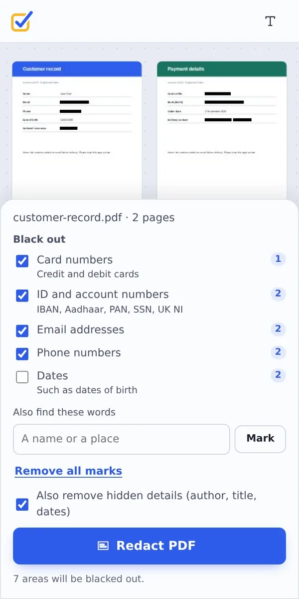 Automatic PDF redaction on a phone