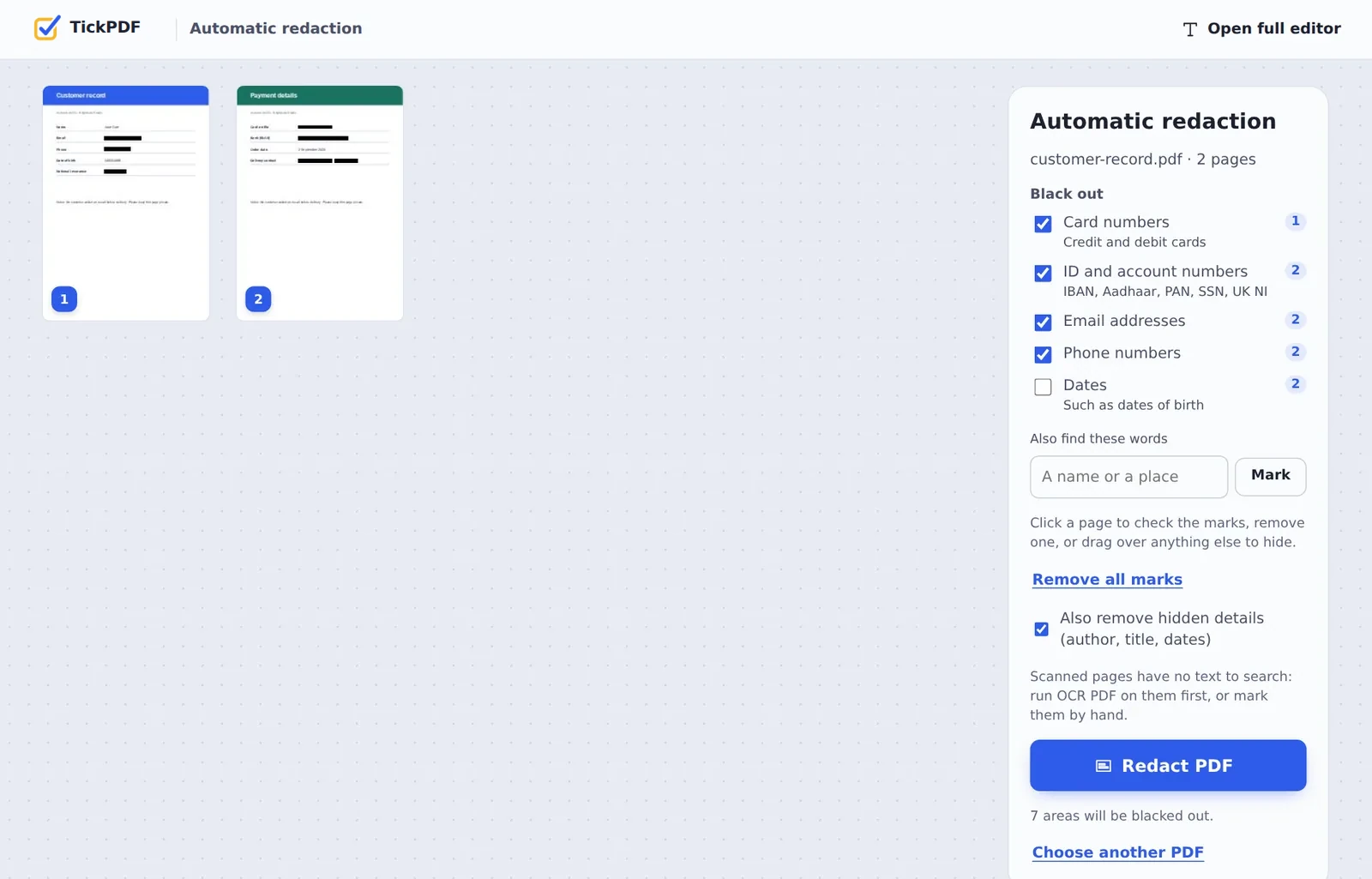 Automatic PDF redaction online with private details marked on two pages