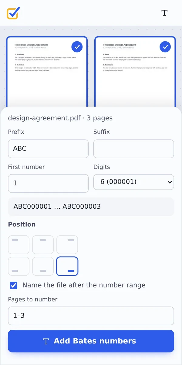 Bates numbering PDF pages on a phone