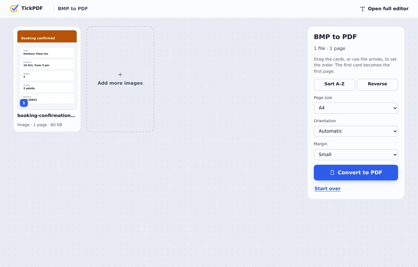 BMP to PDF online: a booking confirmation screenshot