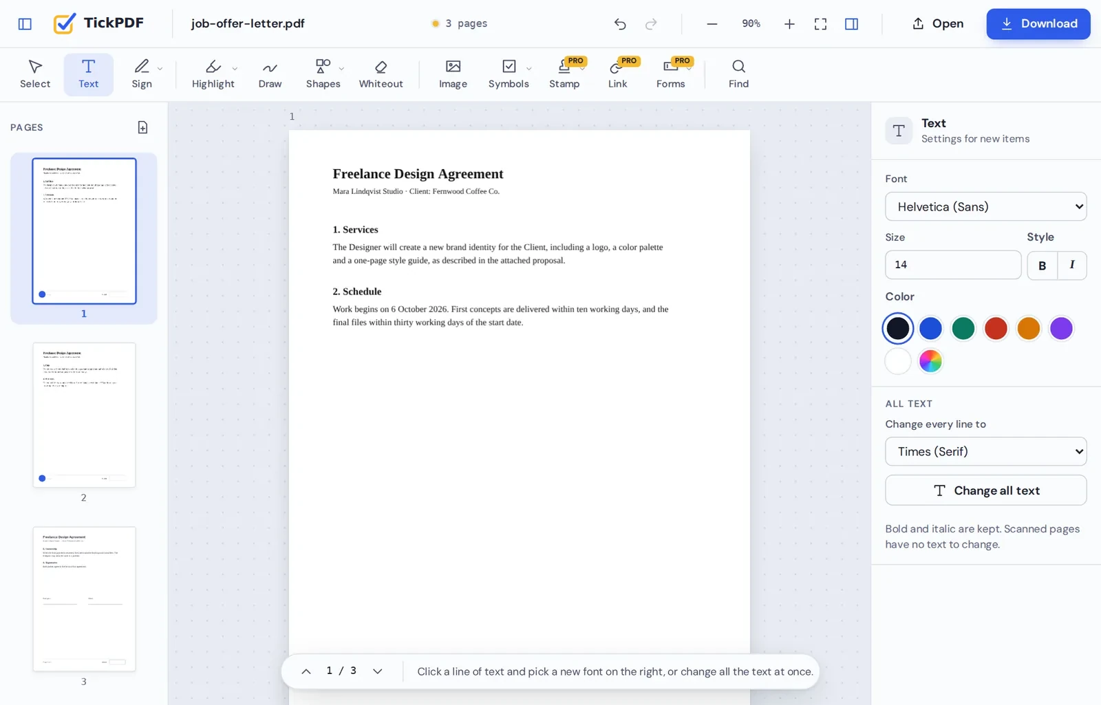 Change font in PDF online: every line of a letter set in a new font