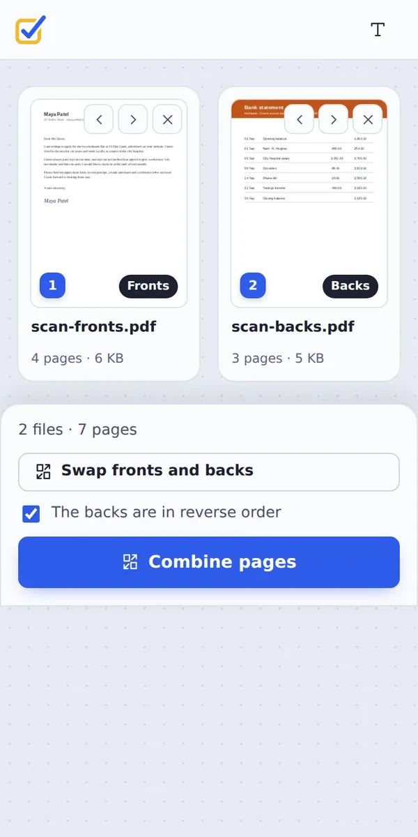 Combine PDF alternate pages on a phone