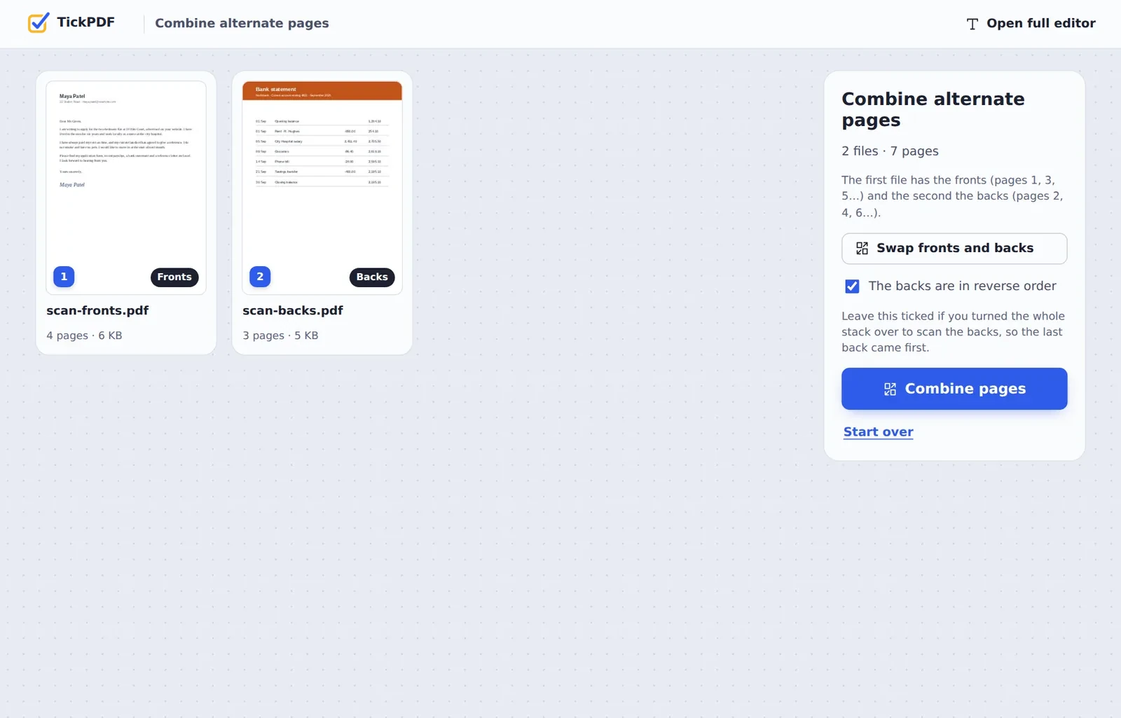 Combine PDF alternate pages online: front and back scans of a rental application