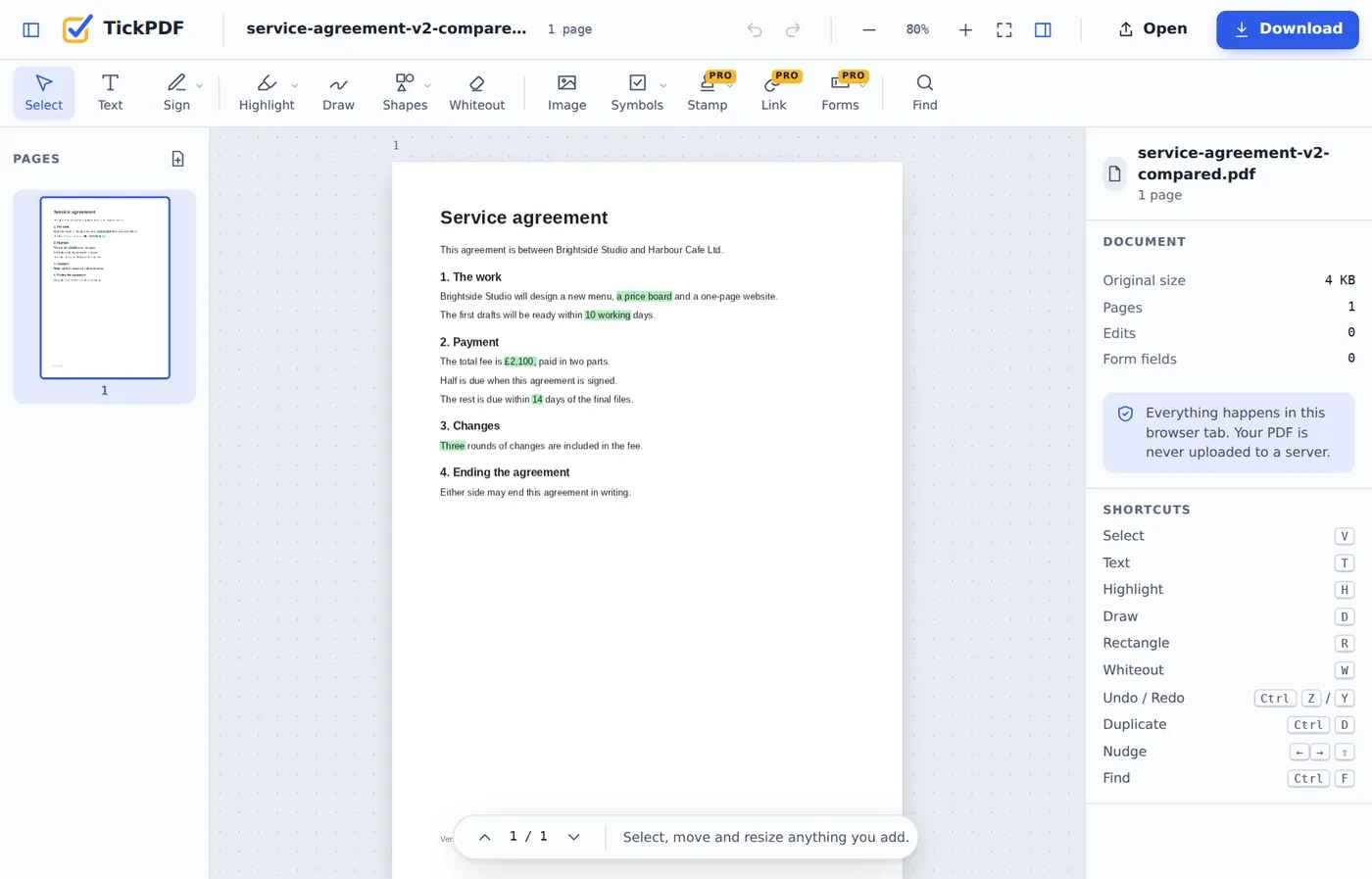 Added words highlighted in green after you compare PDF versions