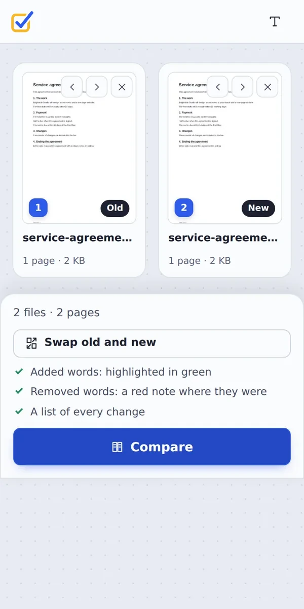 Compare PDF files on a phone