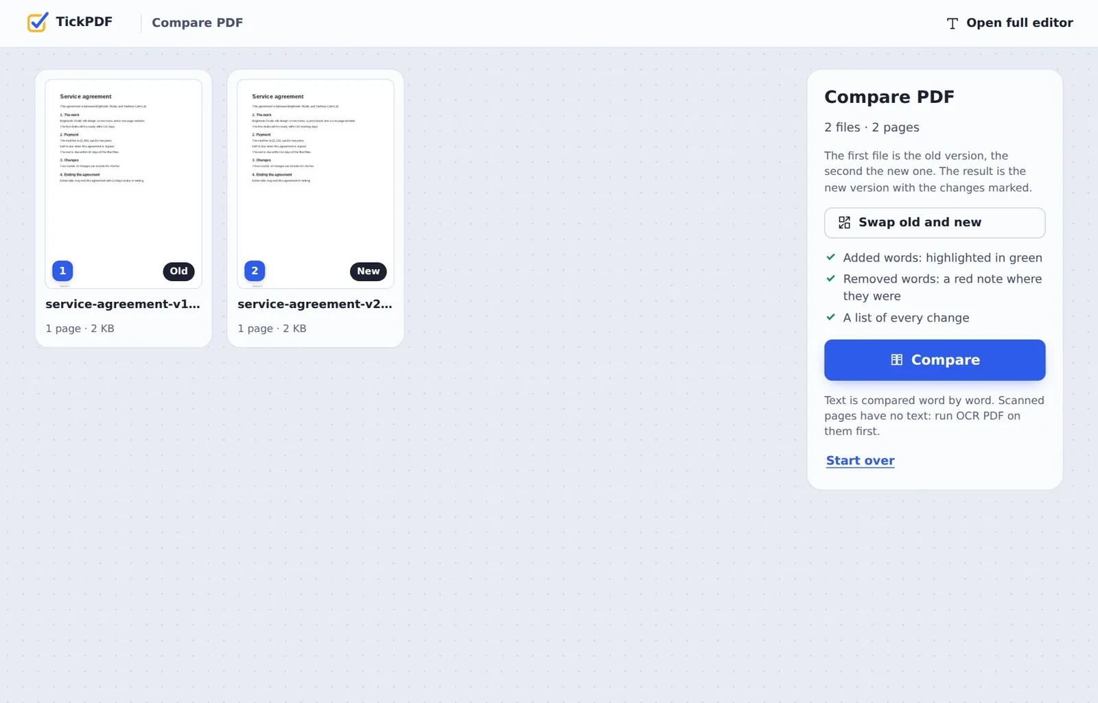 Compare PDF online: two versions of a service agreement