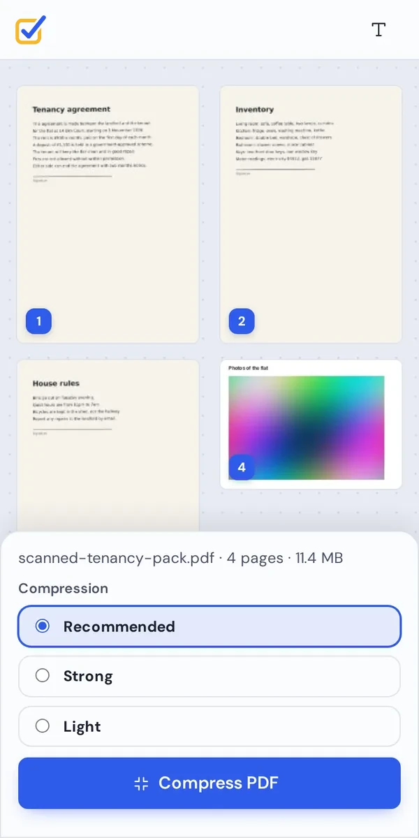 Compress PDF on a phone with the Compress PDF button at the bottom