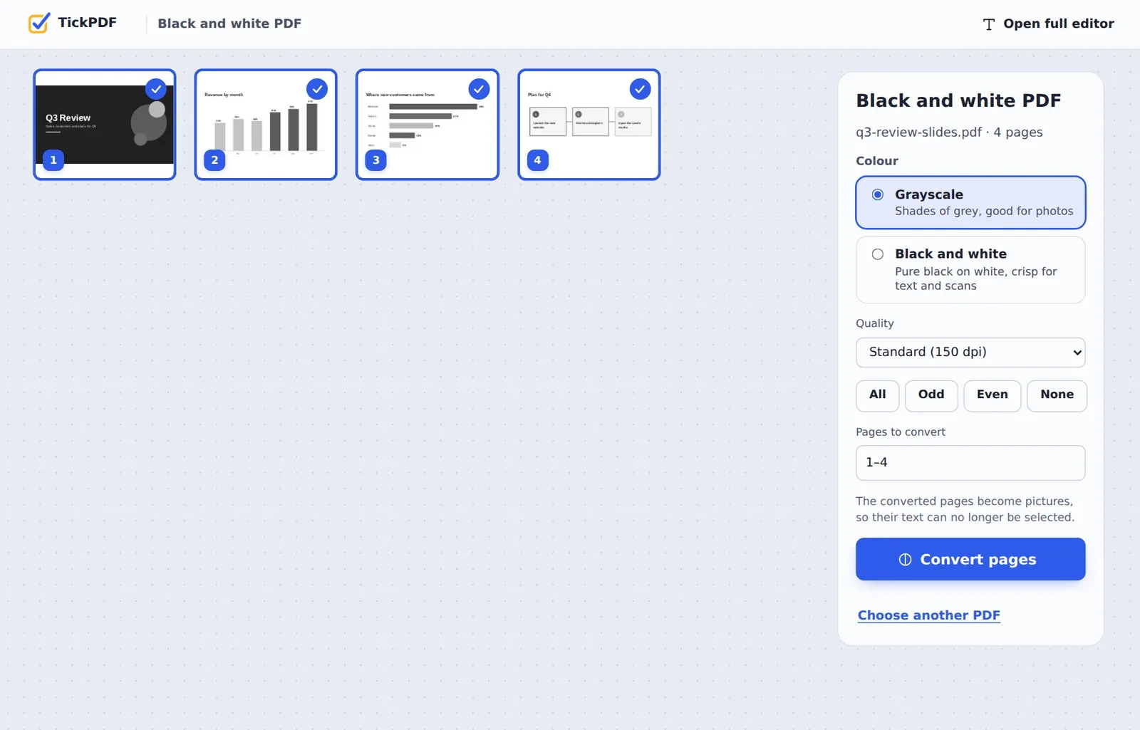 Convert PDF to black and white online: colourful slides shown in grey