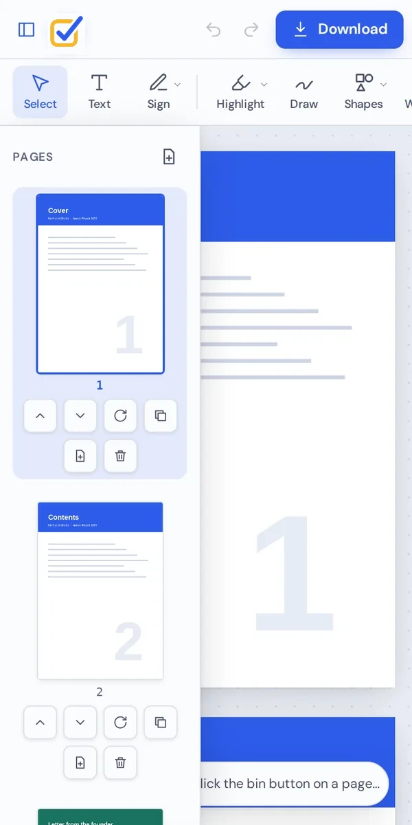 Delete PDF pages on a phone with a delete button under each thumbnail
