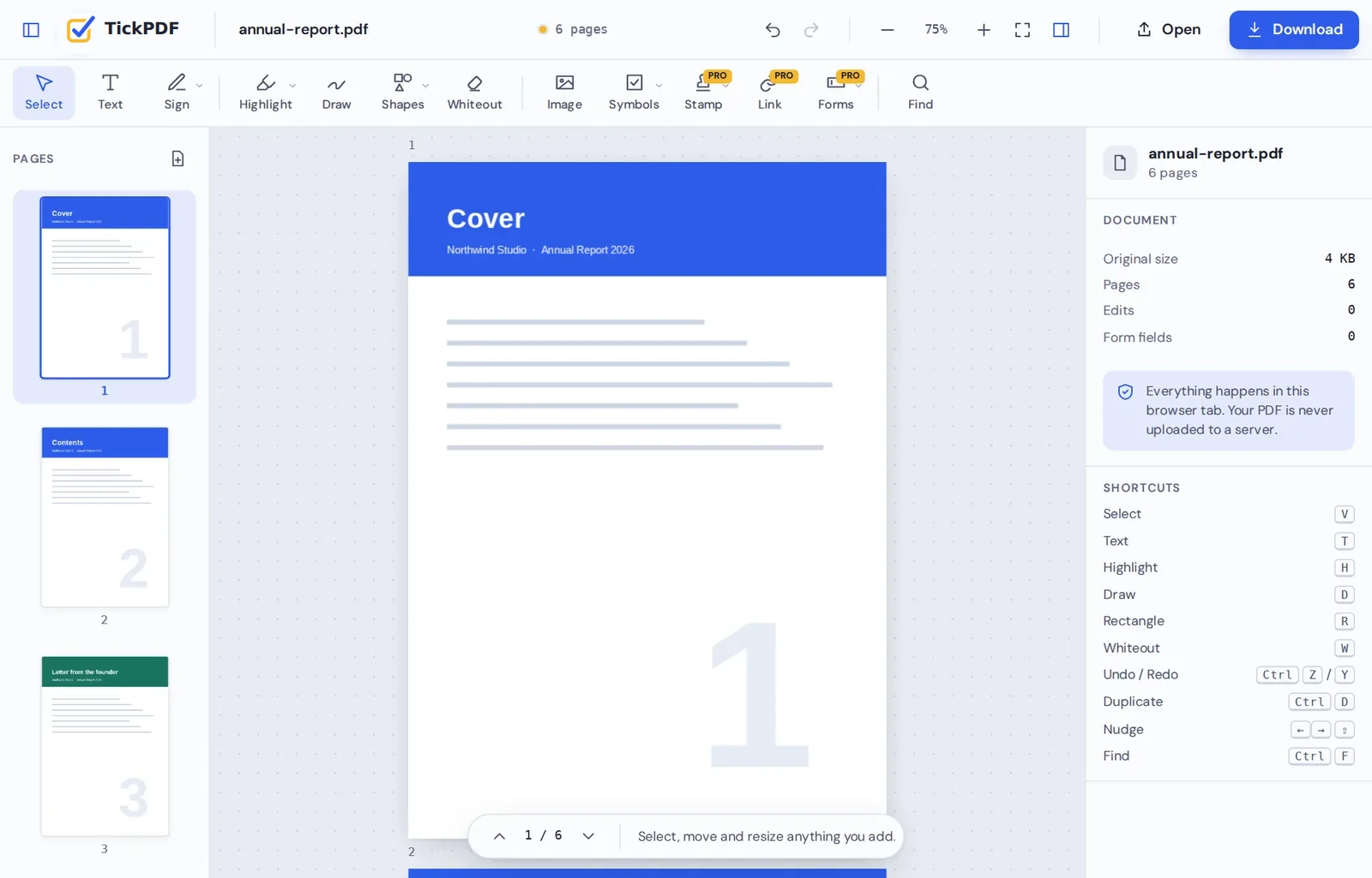Delete PDF pages online: an annual report with unwanted pages removed in the TickPDF editor