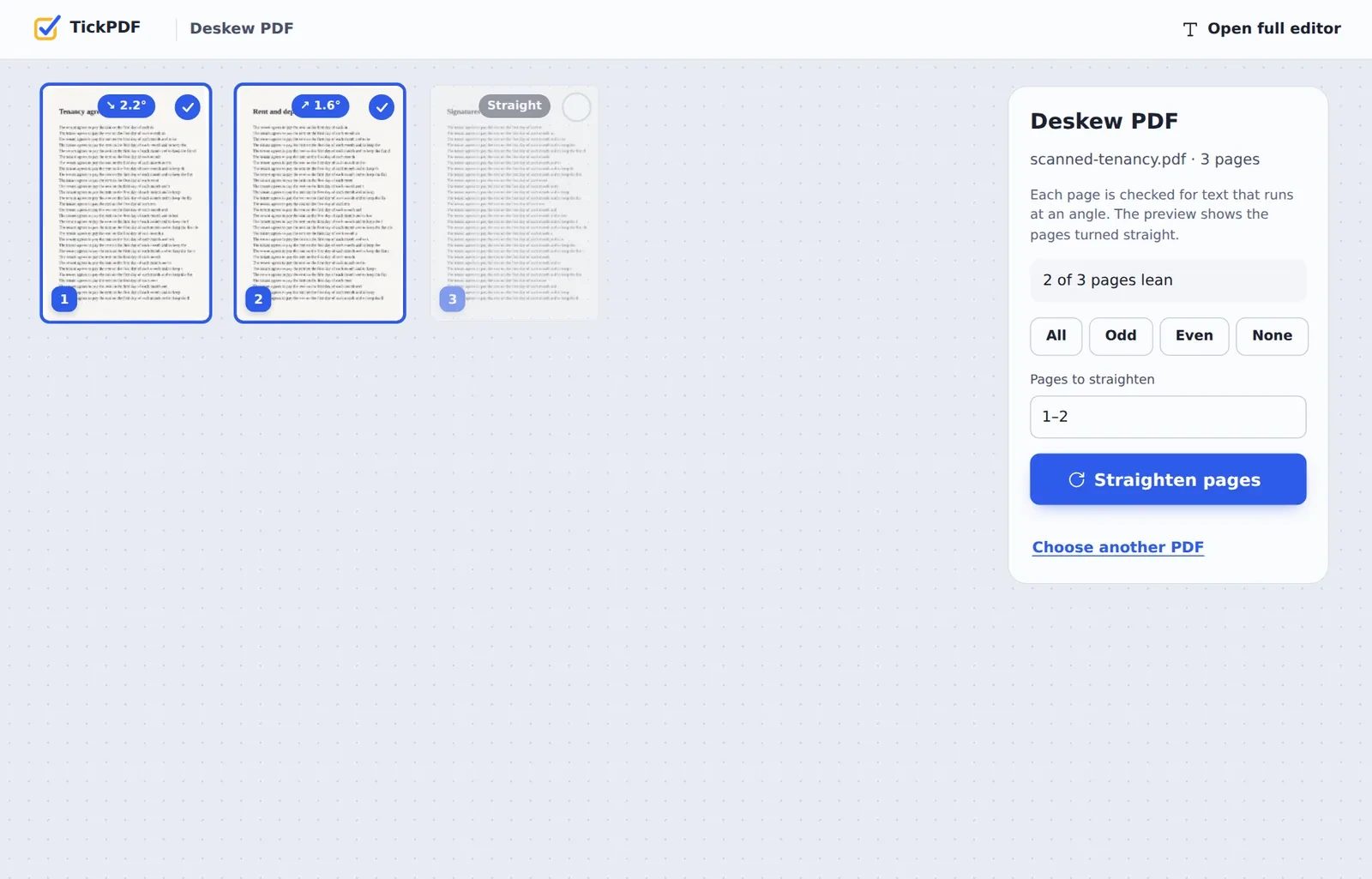 Deskew PDF online: a crooked tenancy scan shown straightened