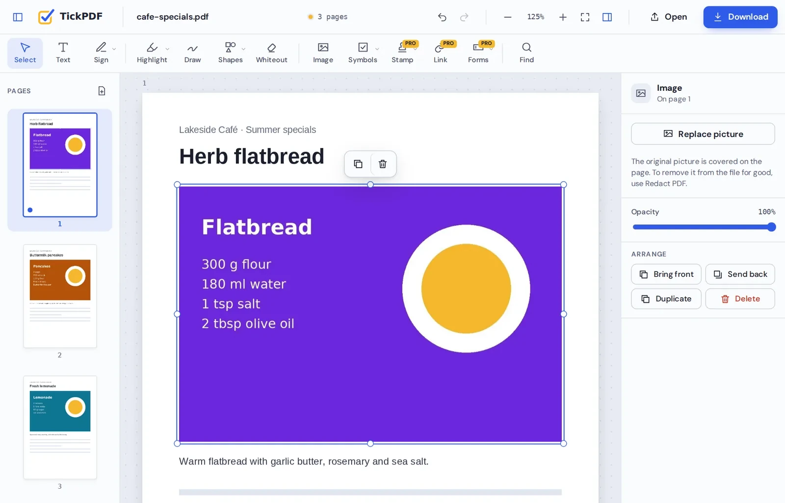 Edit images in PDF online: a selected picture with handles to move and resize it
