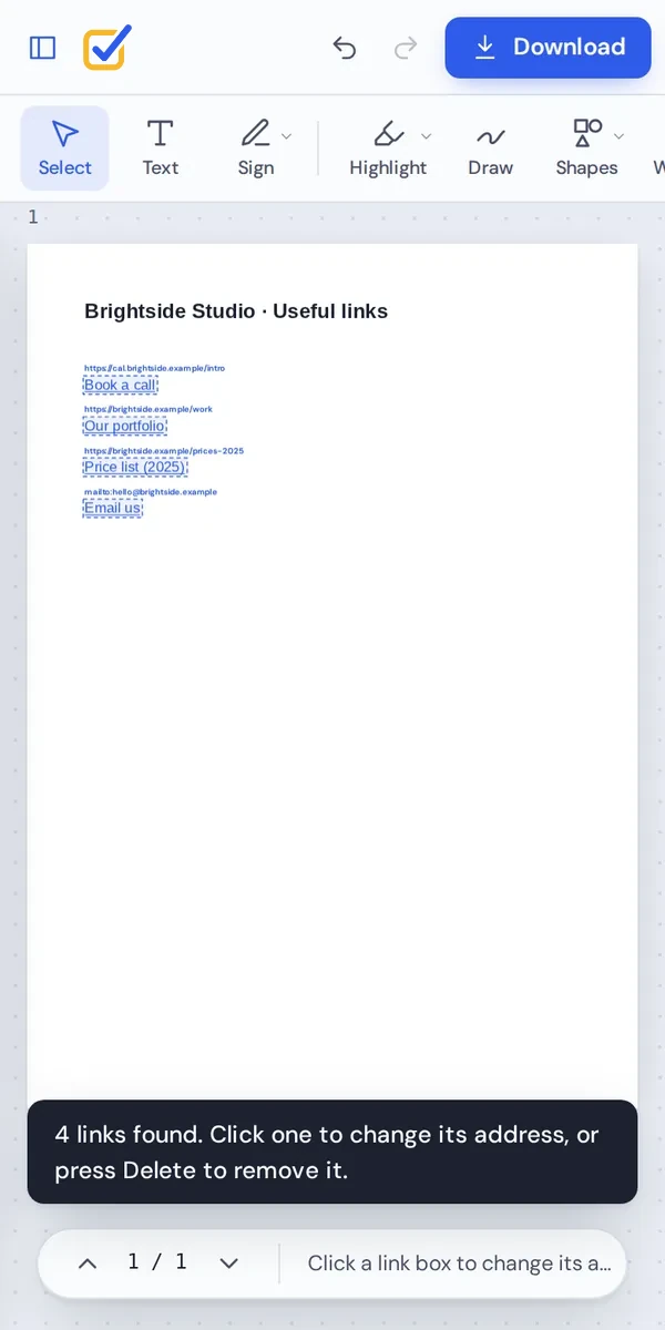Edit links in PDF files on a phone