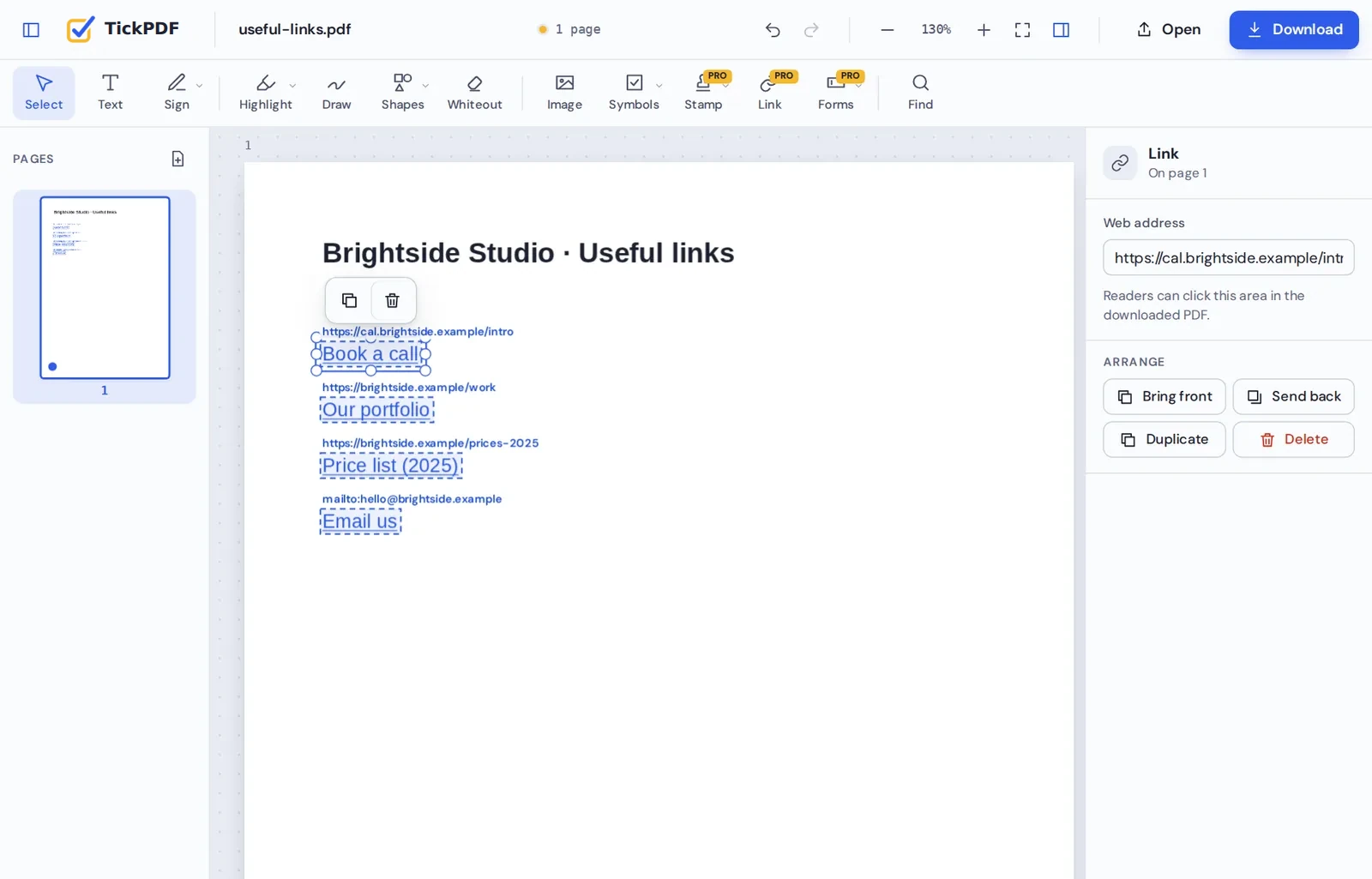 Edit links in PDF online: a selected link with its web address on the right