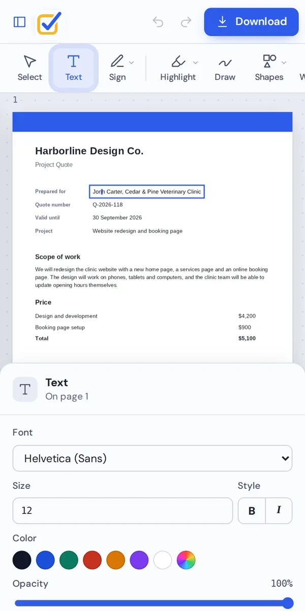 Edit PDF text on a phone by tapping a line of text