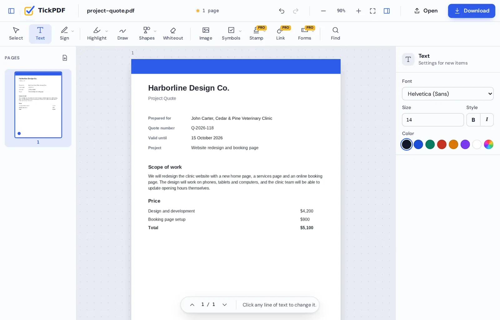 Edit PDF text online: a corrected project quote in the TickPDF editor