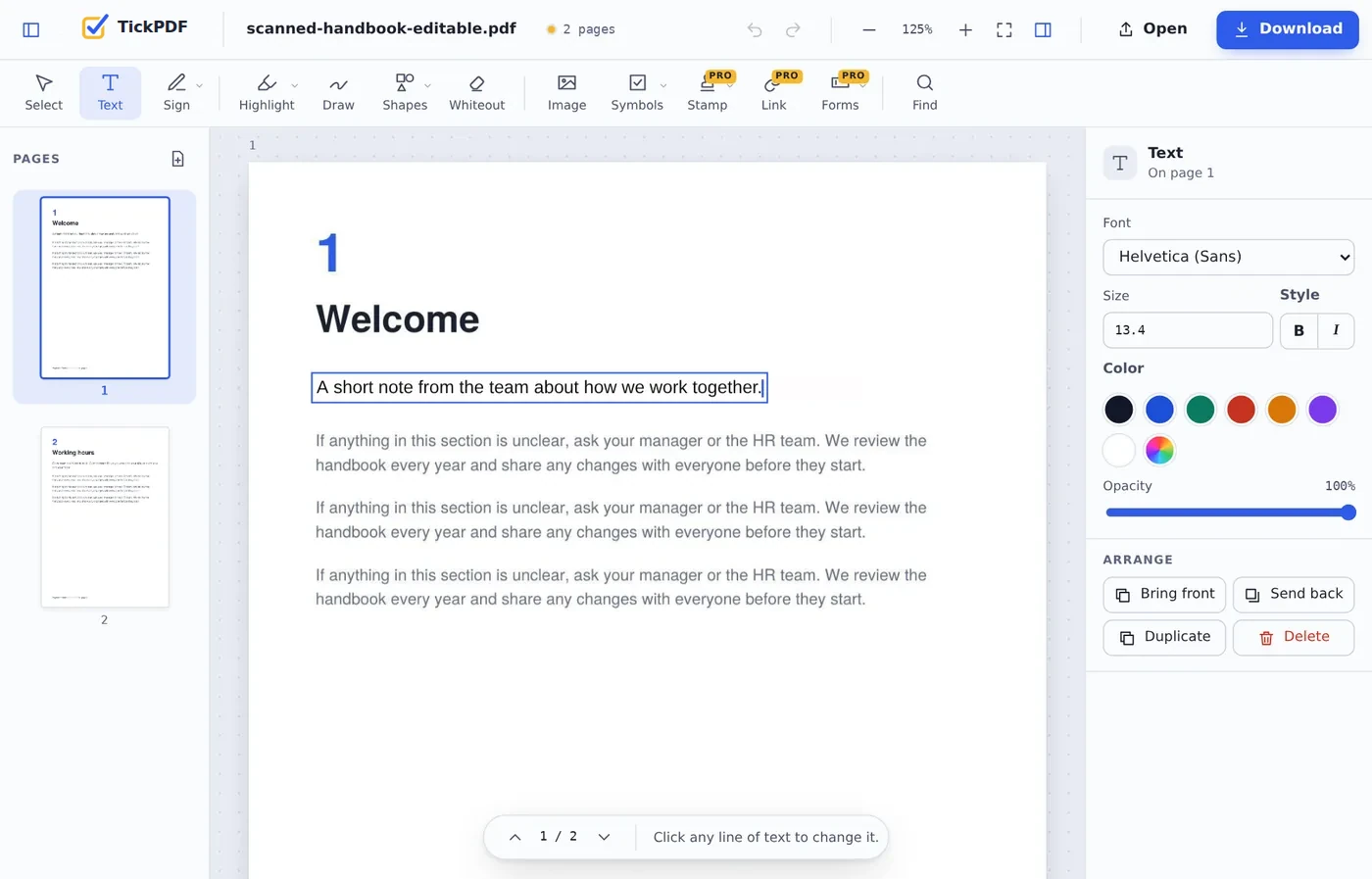 Retyping a line on a scanned page with the edit scanned PDF tool