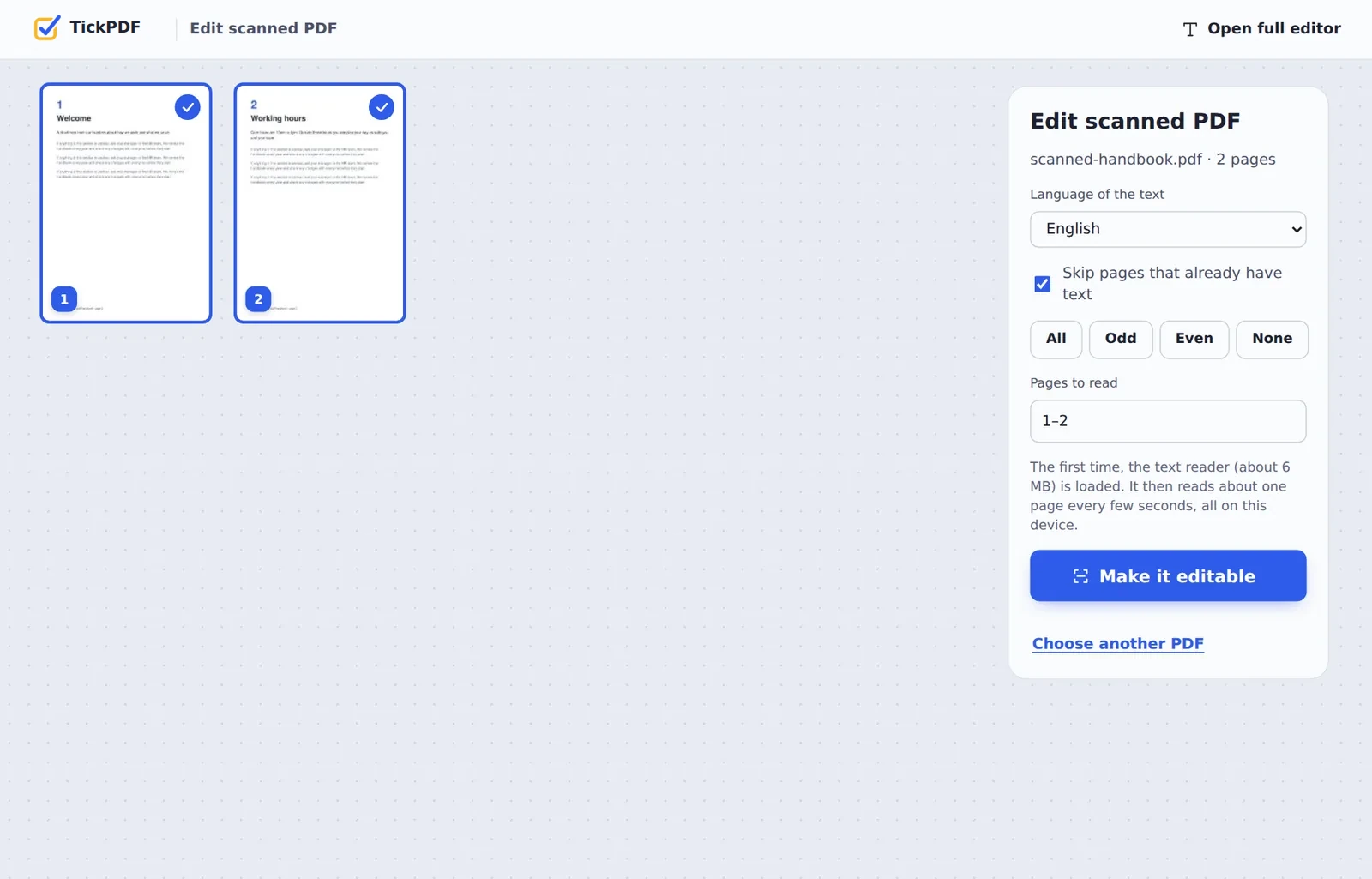 Edit scanned PDF online: a two-page scanned handbook ready to read