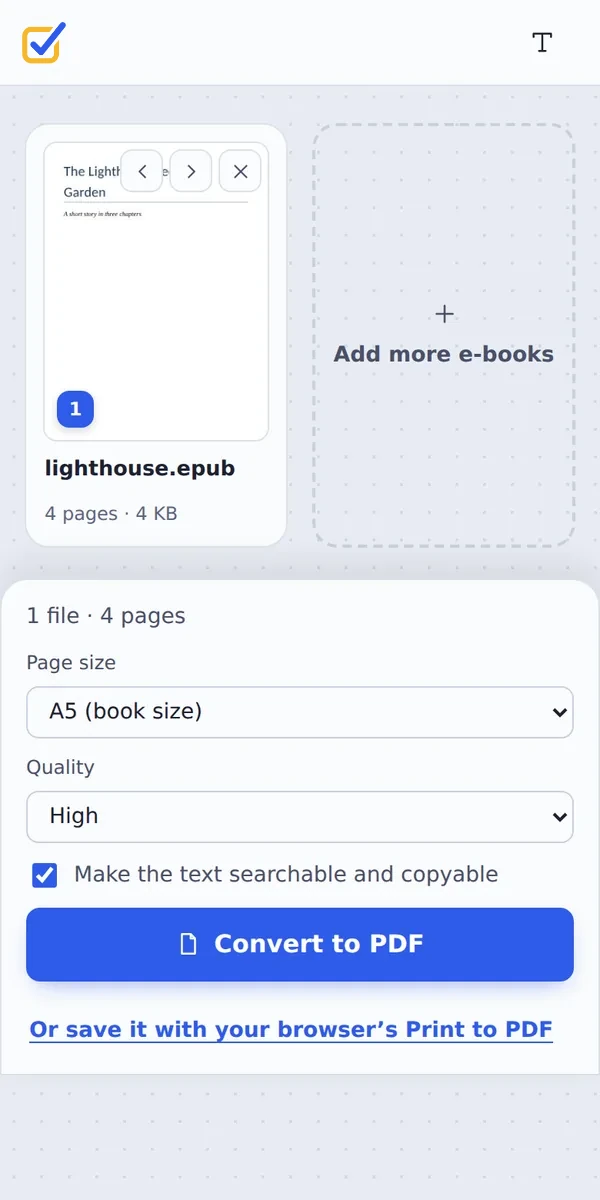 Convert EPUB to PDF on a phone