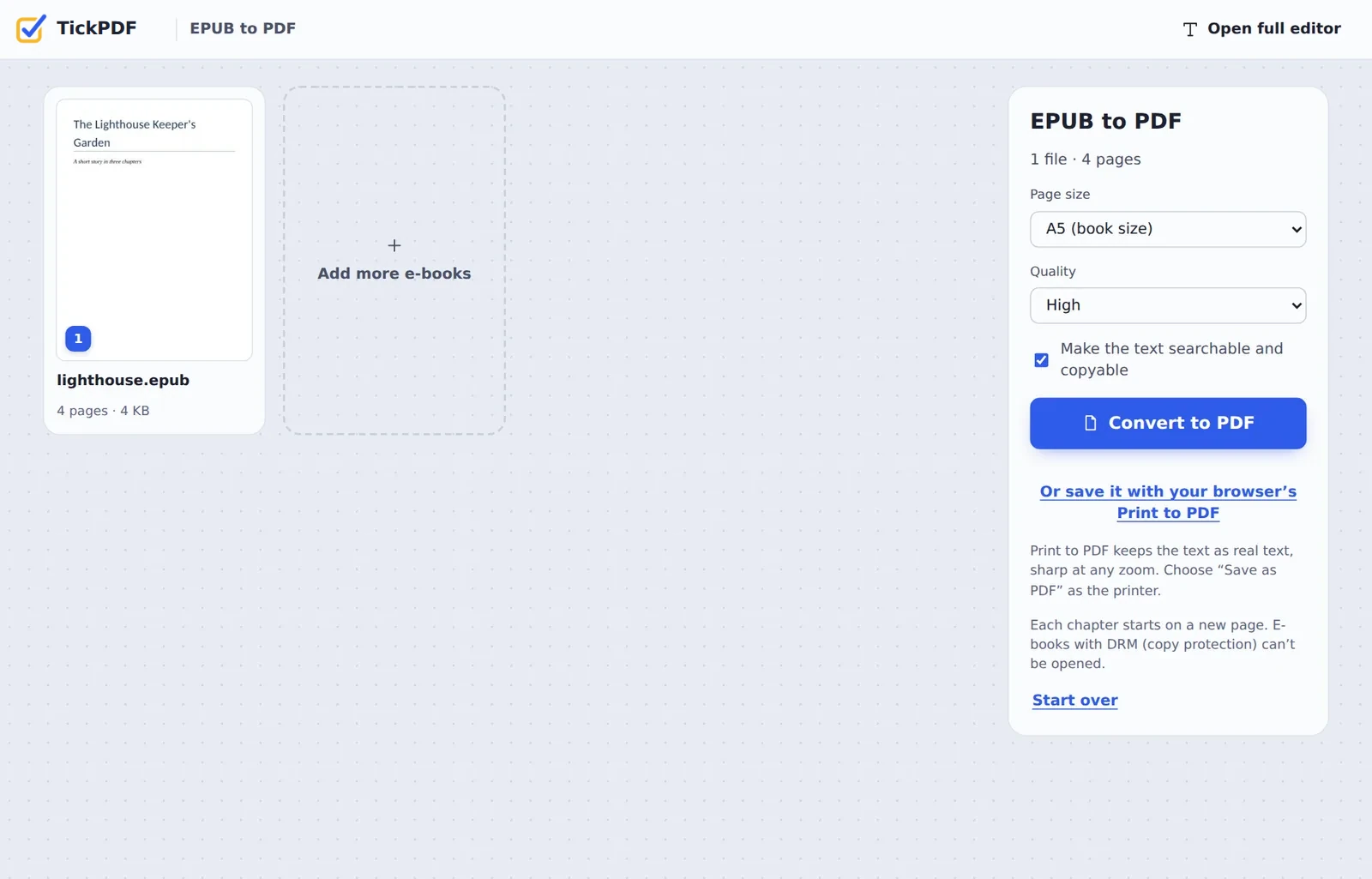 EPUB to PDF converter online with a short story ready to convert