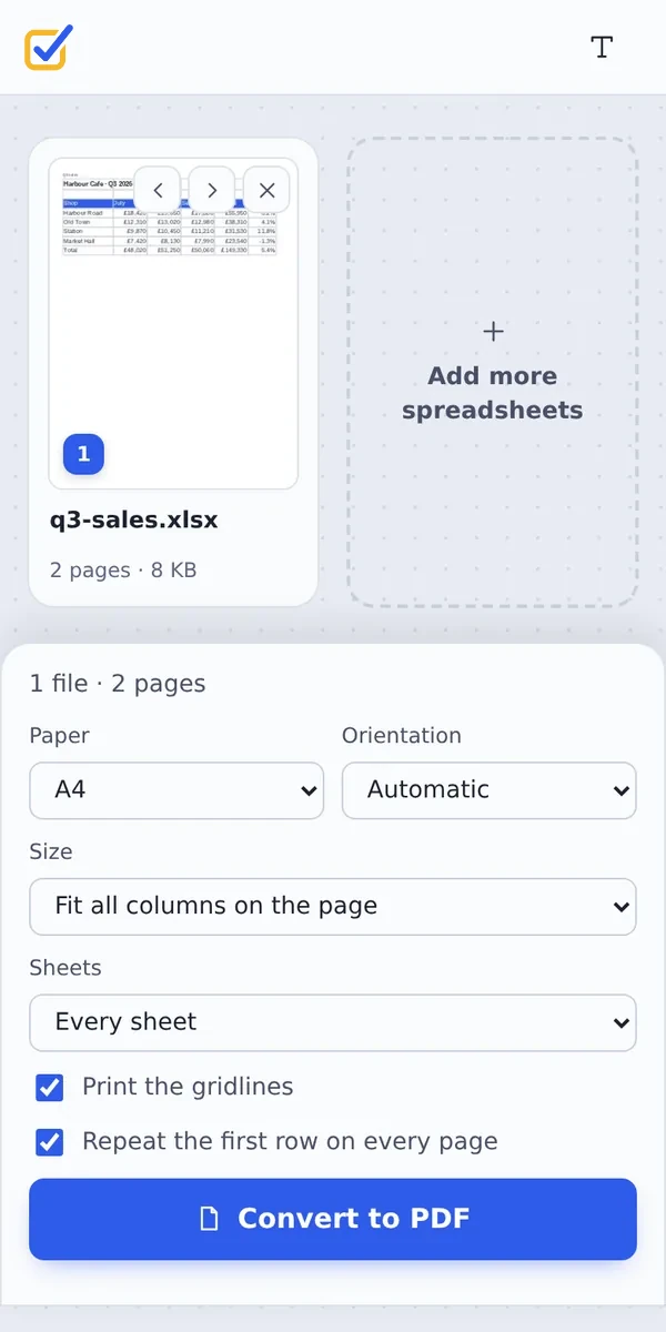 Convert Excel to PDF on a phone