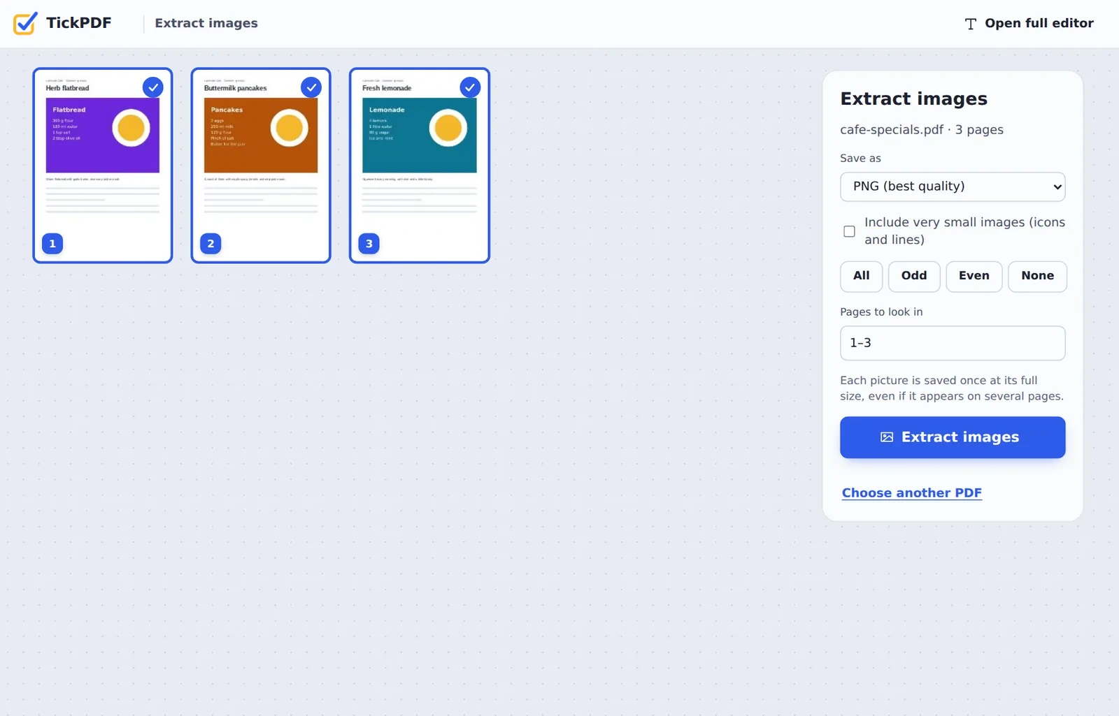 Extract images from PDF online: a cafe menu with three photos