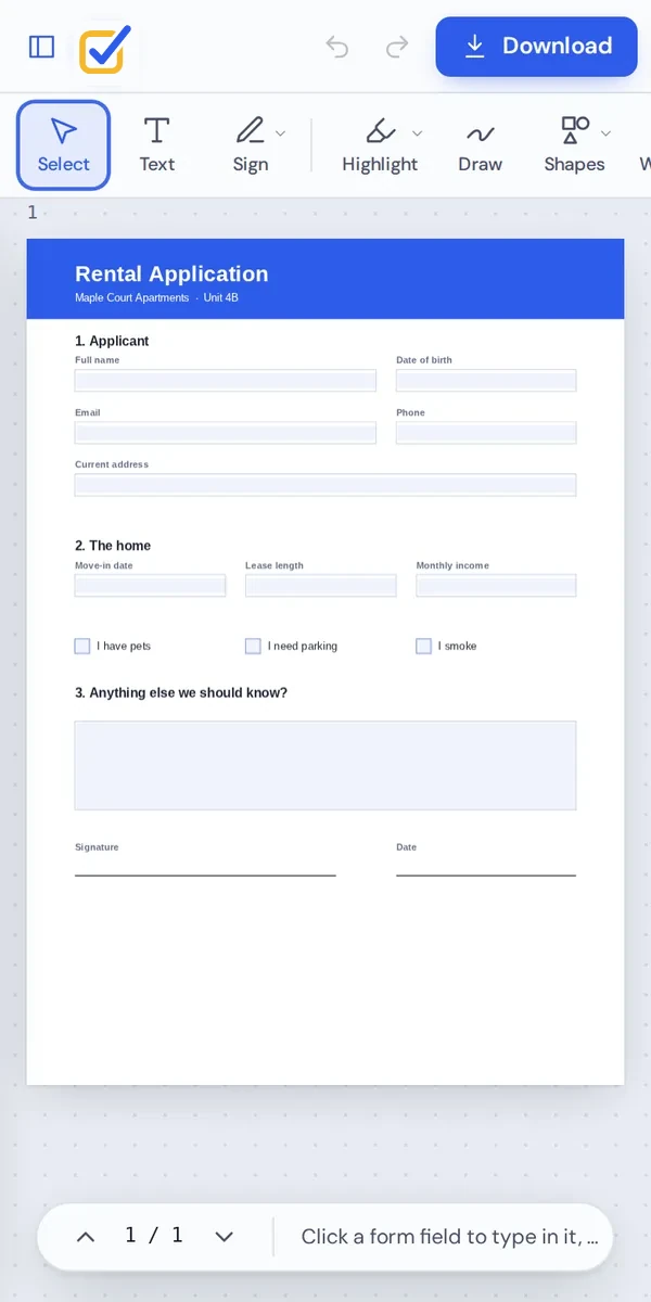 A PDF editor with no watermark on a phone, filling in a form