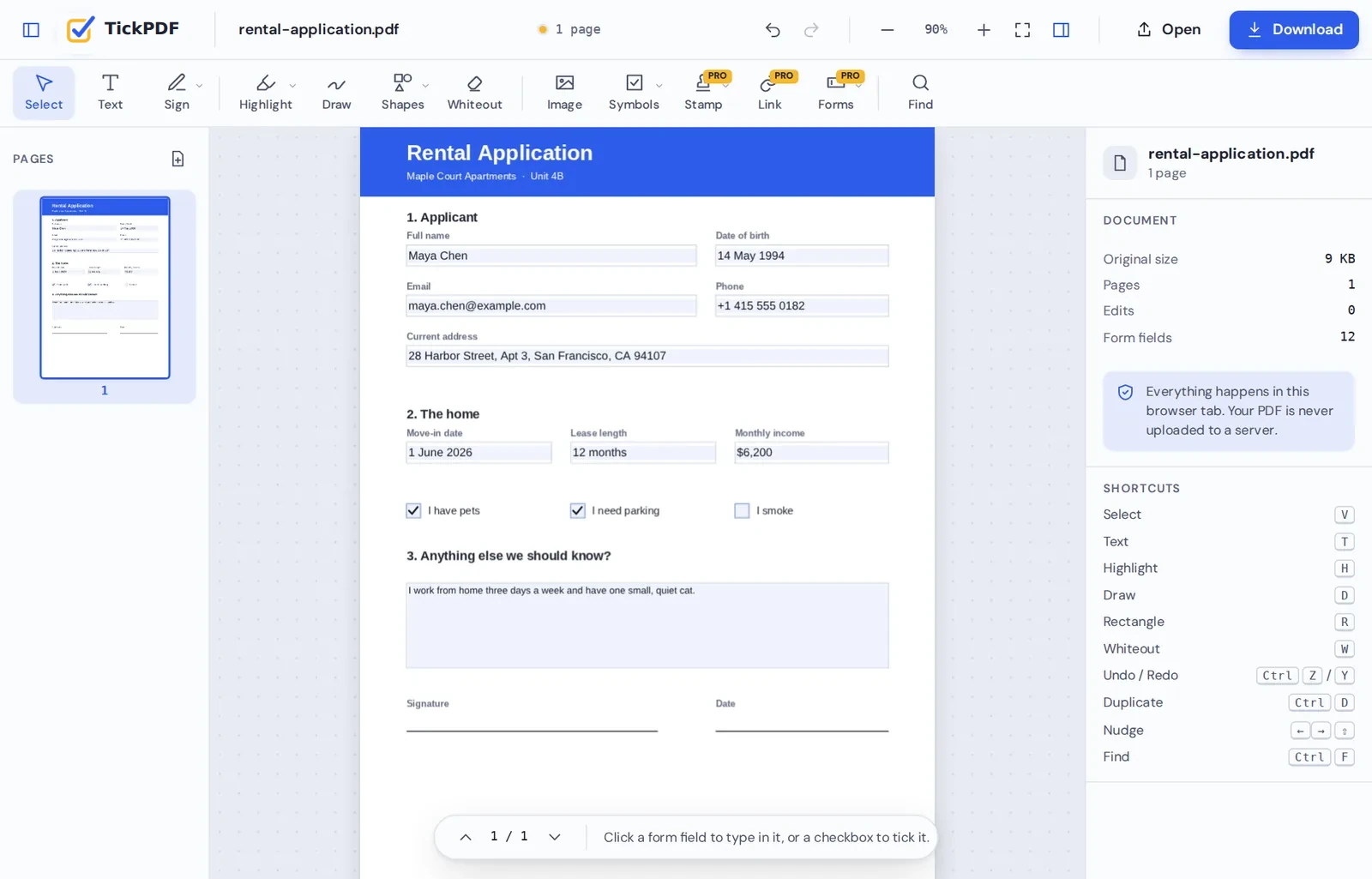 A filled form in the PDF editor with no watermark on the page
