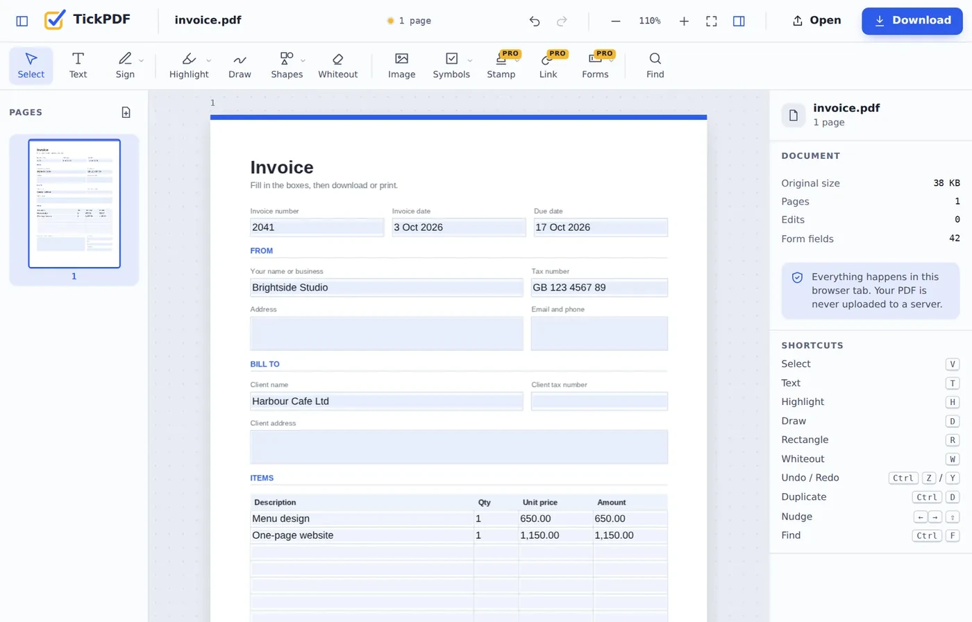 An invoice from the fillable PDF form templates, filled in online