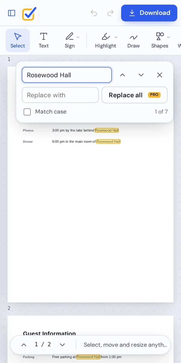 Find and replace in PDF on a phone with matches marked