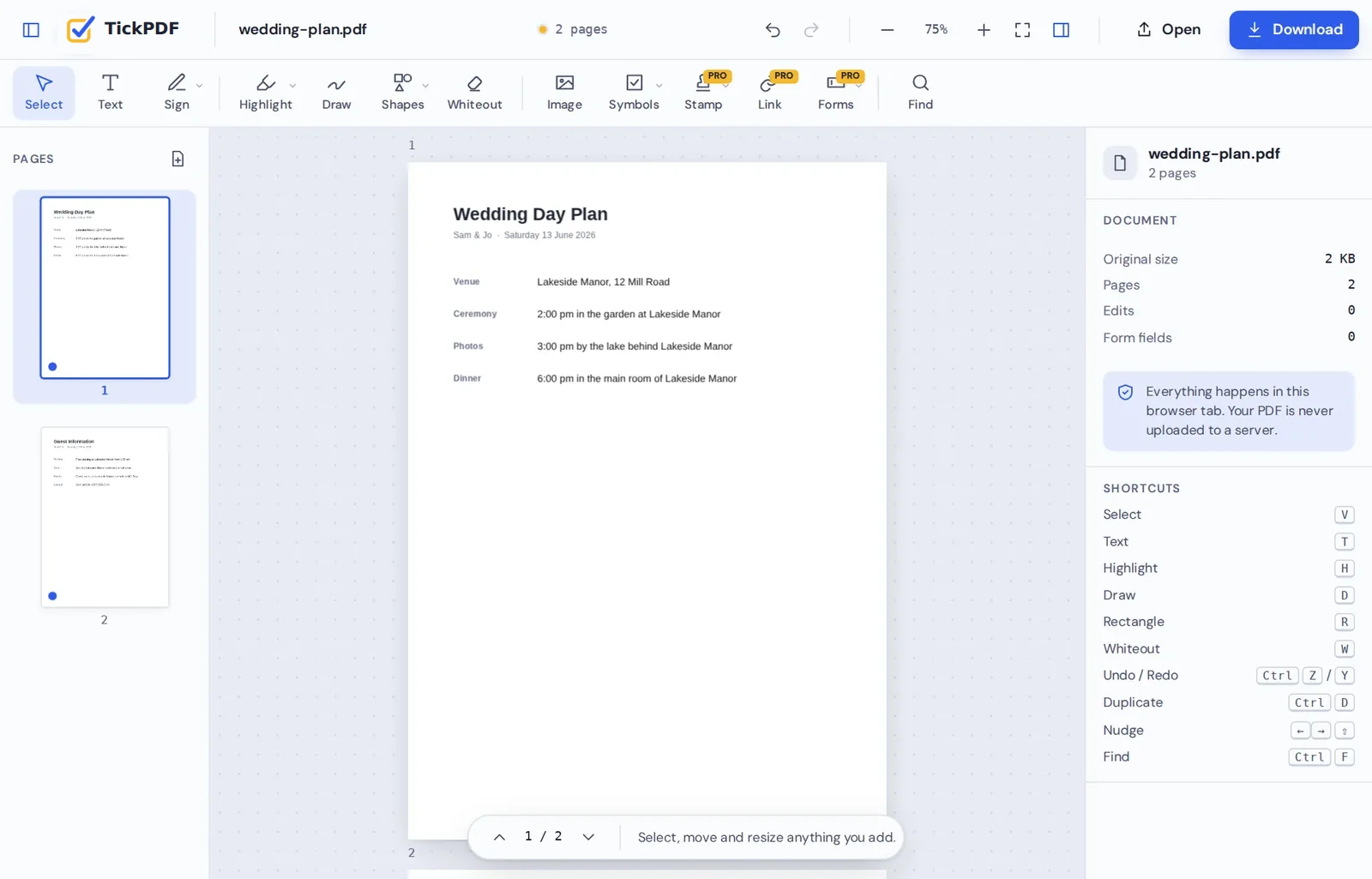 Find and replace in PDF online: an updated event plan in the TickPDF editor