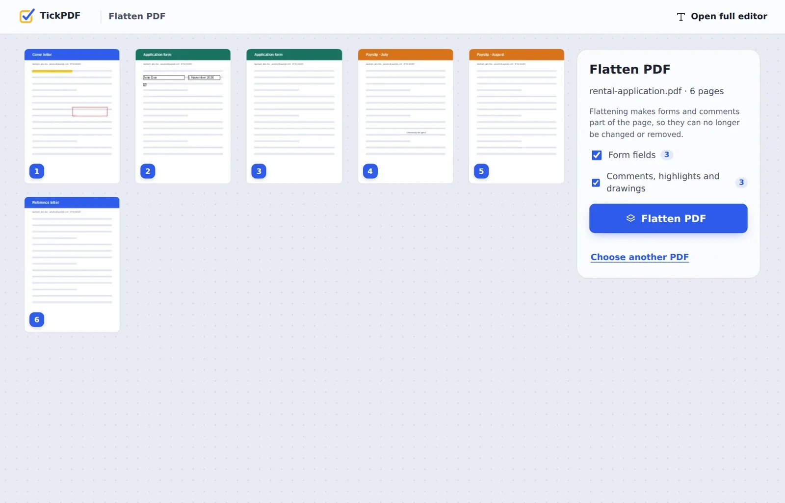 Flatten PDF online: a filled-in application with comments