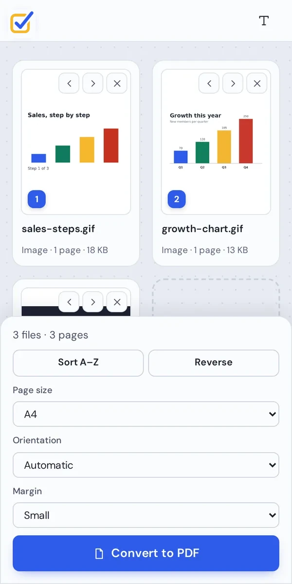 GIF to PDF on a phone, converting charts into one file