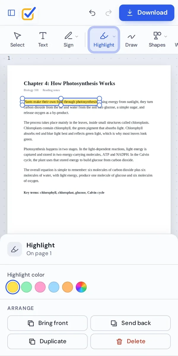Highlight PDF text on a phone by dragging a finger across a sentence